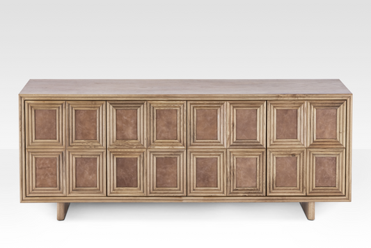 Angled perspective of the Arka Sideboard showing the geometric rectangle-within-a-rectangle wood design