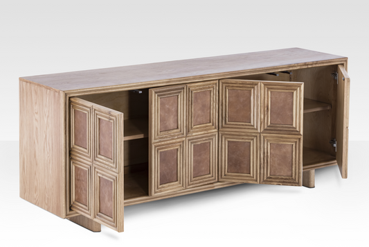 Close-up of the natural grain leather panels and solid natural mango wood frame on the Arka Sideboard