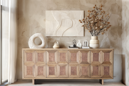 The Arka Sideboard styled as a modern media console in a bright minimalist living room setting