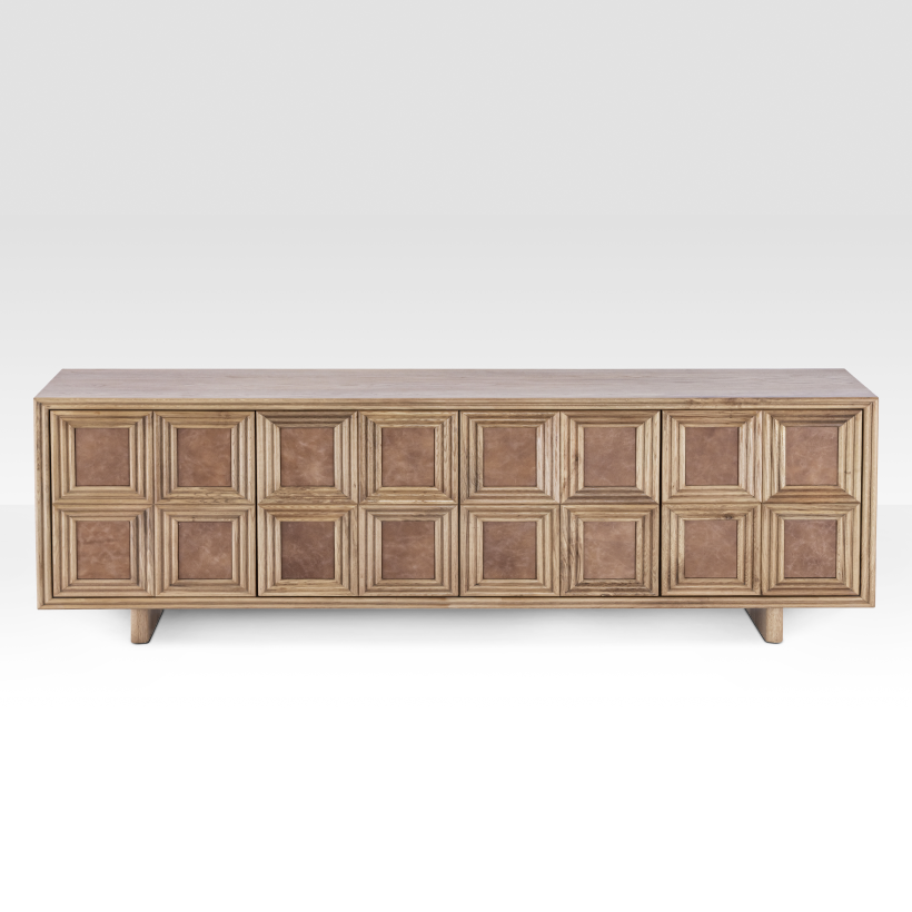 Full front view of the Arka Sideboard handcrafted from natural mango wood with genuine leather door panels.