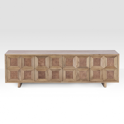 Full front view of the Arka Sideboard handcrafted from natural mango wood with genuine leather door panels.