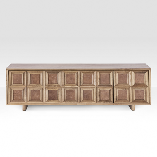 Full front view of the Arka Sideboard handcrafted from natural mango wood with genuine leather door panels.