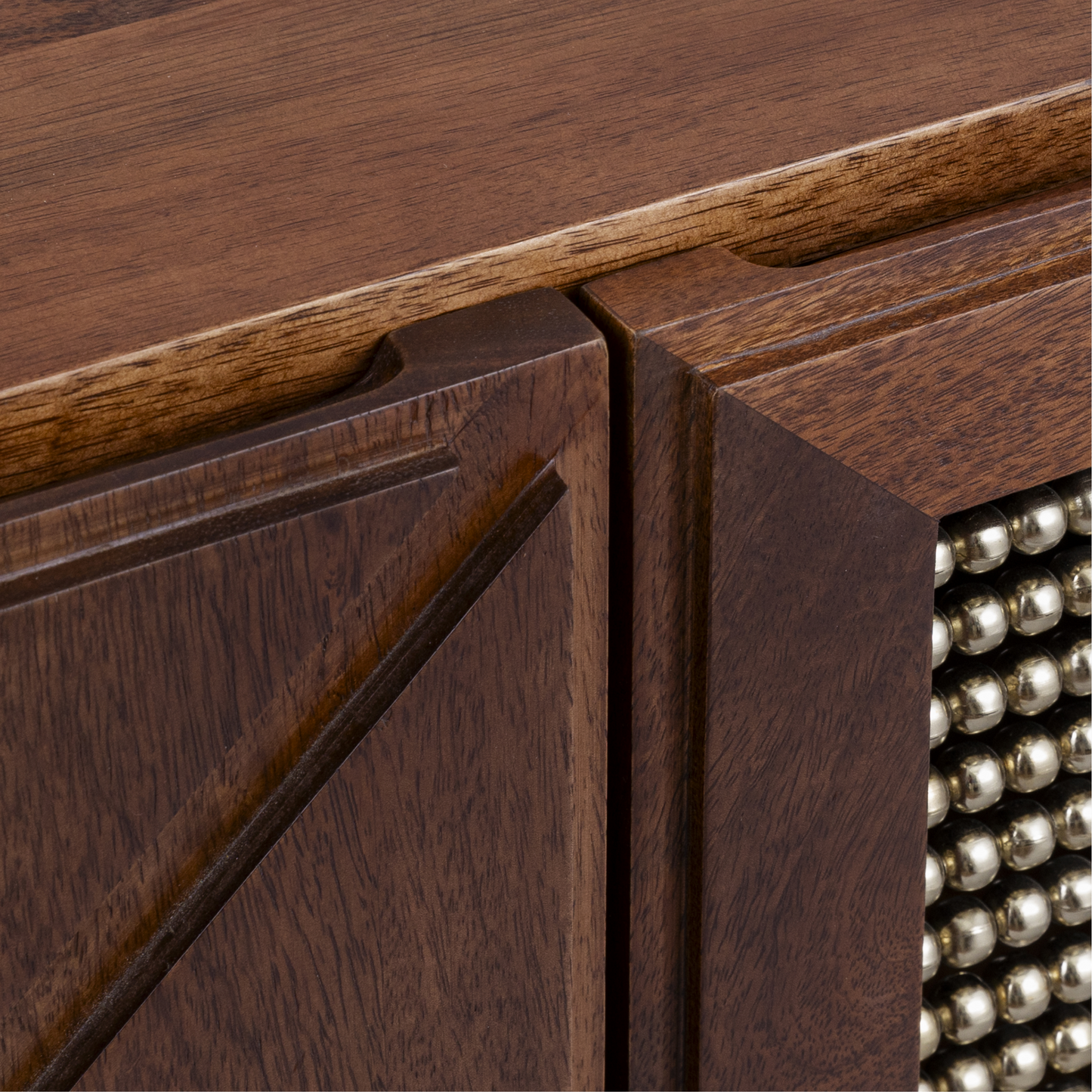 A macro close-up of the delicate, hand-strung wooden beads on the Aurelia Sideboard, showcasing the contrasting vertical and horizontal patterns.