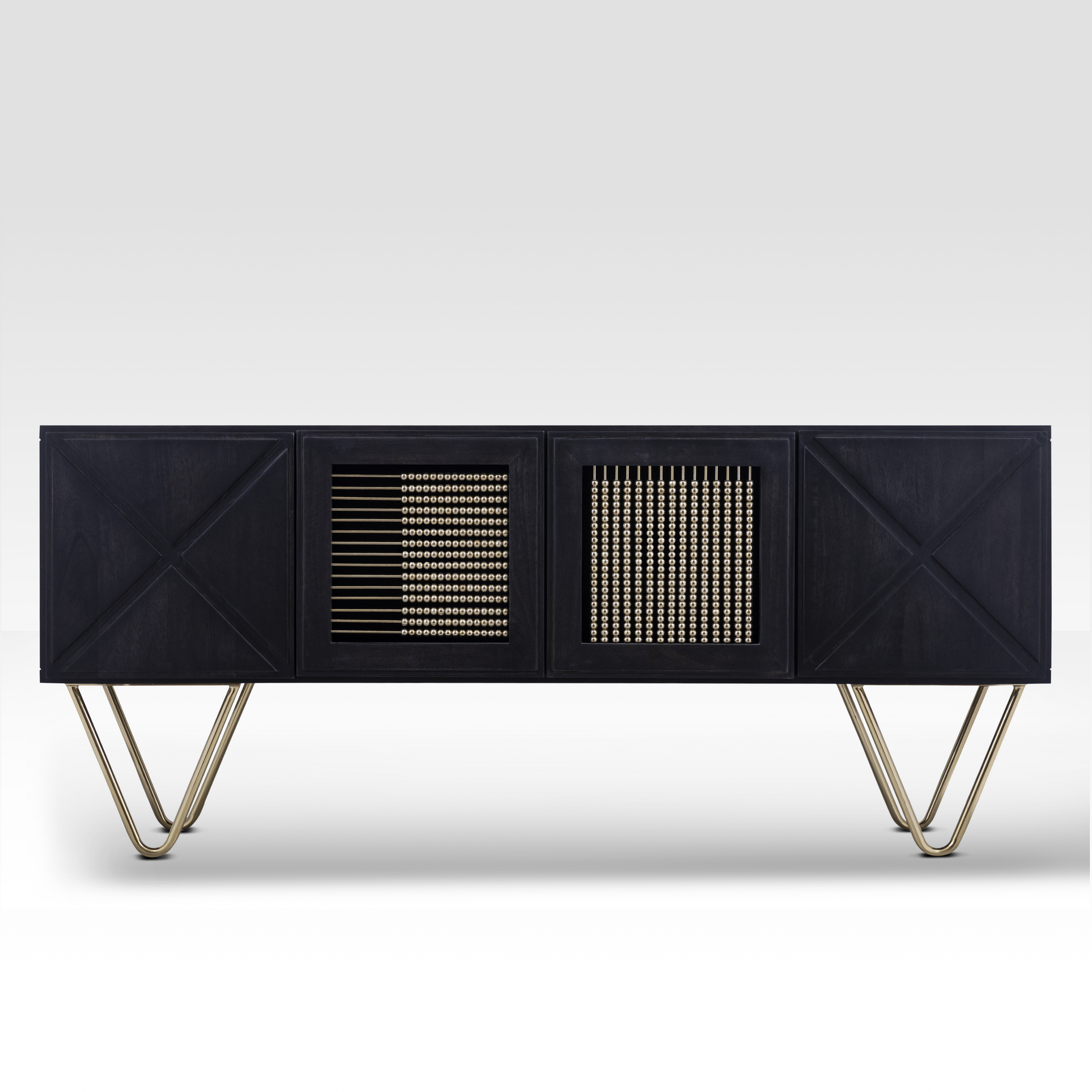 Full front view of the Aurelia Sideboard in matte black wood featuring unique abacus-style beaded doors and gold hairpin legs.