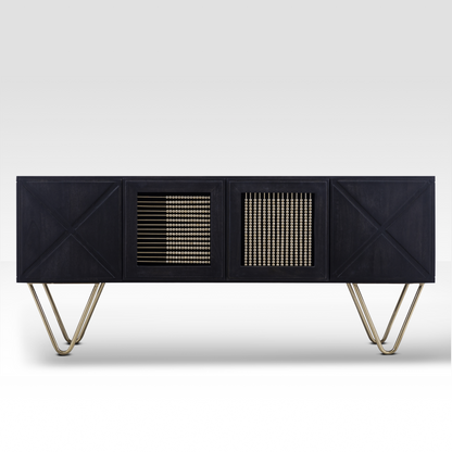 Full front view of the Aurelia Sideboard in matte black wood featuring unique abacus-style beaded doors and gold hairpin legs.