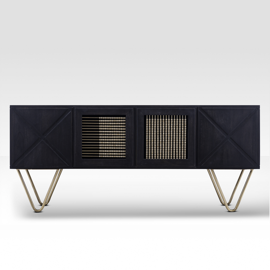Full front view of the Aurelia Sideboard in matte black wood featuring unique abacus-style beaded doors and gold hairpin legs.