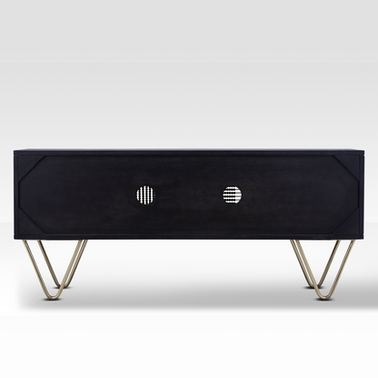 Rear view of the finished Aurelia Sideboard back panel, featuring the smooth black finish and clean minimal lines suitable for open-concept styling.