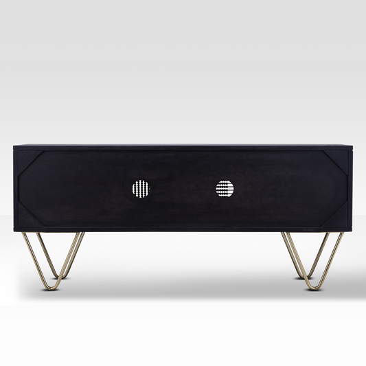 Rear view of the finished Aurelia Sideboard back panel, featuring the smooth black finish and clean minimal lines suitable for open-concept styling.