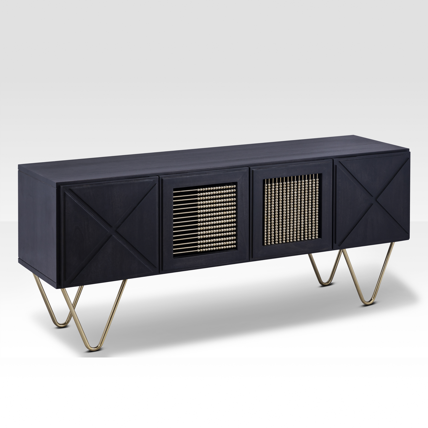 High-definition angled view of the Aurelia Sideboard highlighting the precise X-pattern relief carving on the black mango wood doors.
