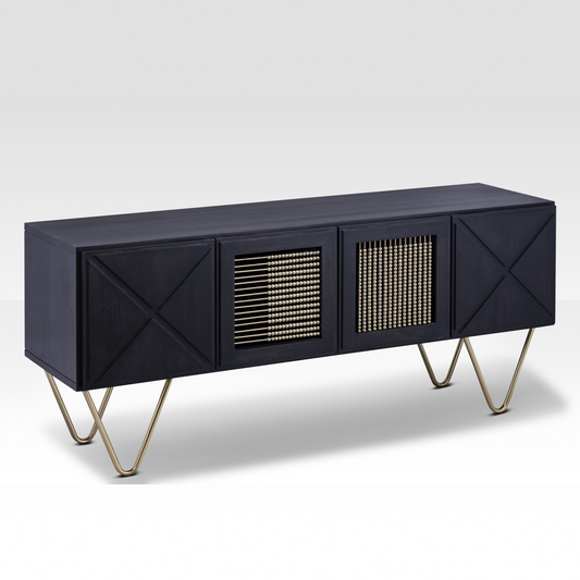High-definition angled view of the Aurelia Sideboard highlighting the precise X-pattern relief carving on the black mango wood doors.