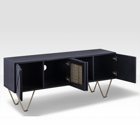 Angled view of the Aurelia Sideboard with doors open to reveal expansive internal shelving and high-quality magnetic closures.