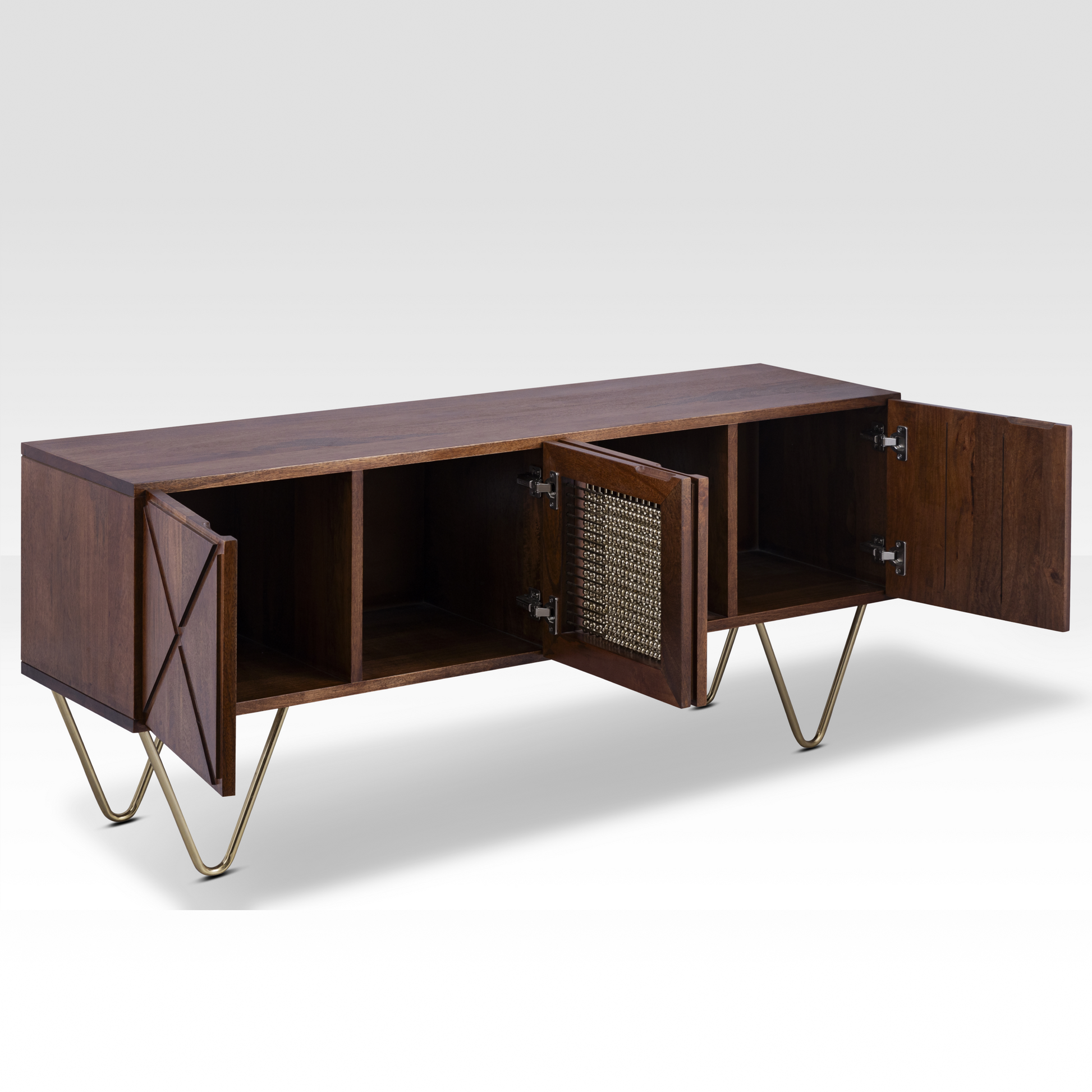 An angled view of the Walnut Aurelia Sideboard with all doors open, revealing the finished internal shelving and secure magnetic door latches.