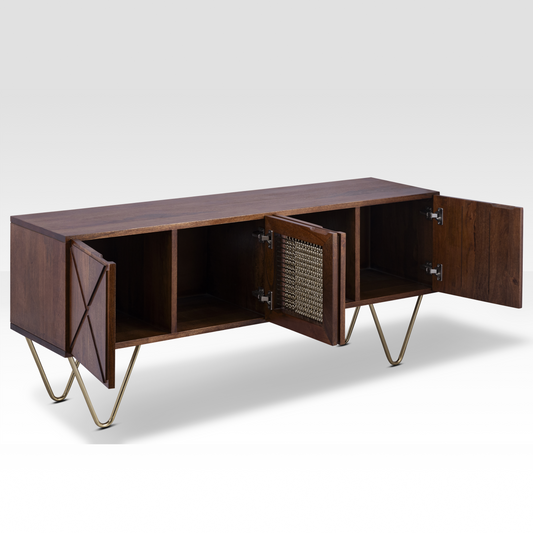 An angled view of the Walnut Aurelia Sideboard with all doors open, revealing the finished internal shelving and secure magnetic door latches.