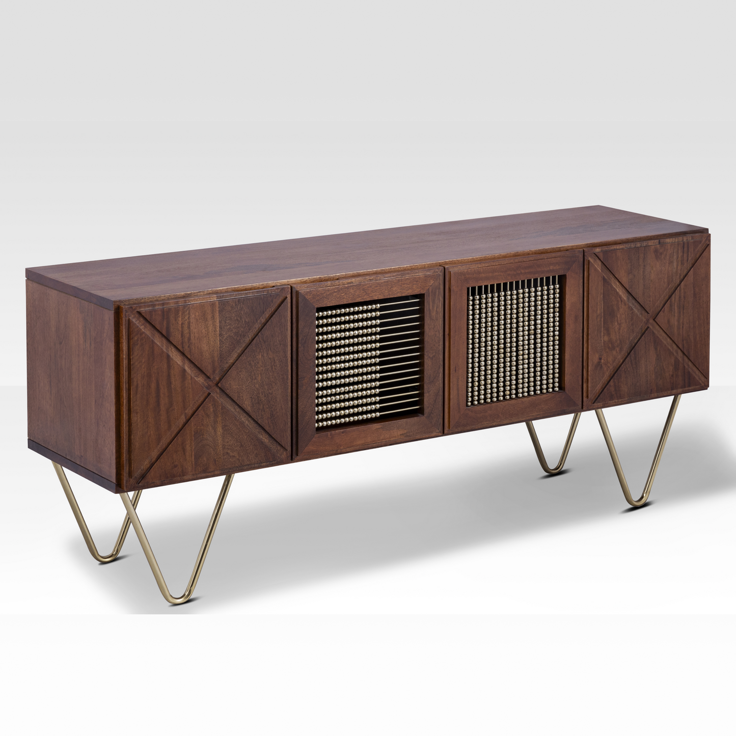 An angled perspective of the closed Walnut Aurelia Sideboard, highlighting the rich wood grain and the architectural triple-rod hairpin legs.