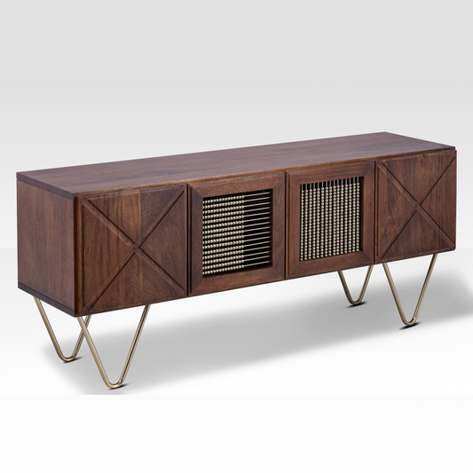 An angled perspective of the closed Walnut Aurelia Sideboard, highlighting the rich wood grain and the architectural triple-rod hairpin legs.
