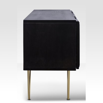 Side profile of the Aurelia Sideboard showing its narrow depth and the iconic lean of the triple-rod gold hairpin legs.