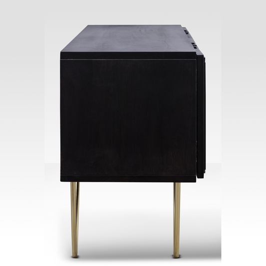 Side profile of the Aurelia Sideboard showing its narrow depth and the iconic lean of the triple-rod gold hairpin legs.