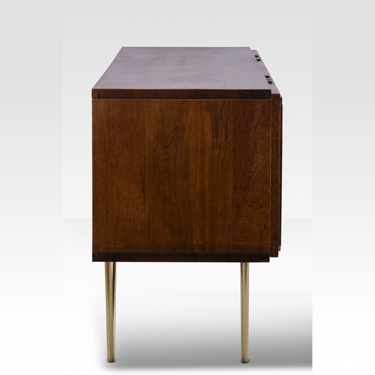 A side profile of the Walnut Aurelia Sideboard, emphasizing the 18-inch depth and the elegant slant of the polished gold legs.