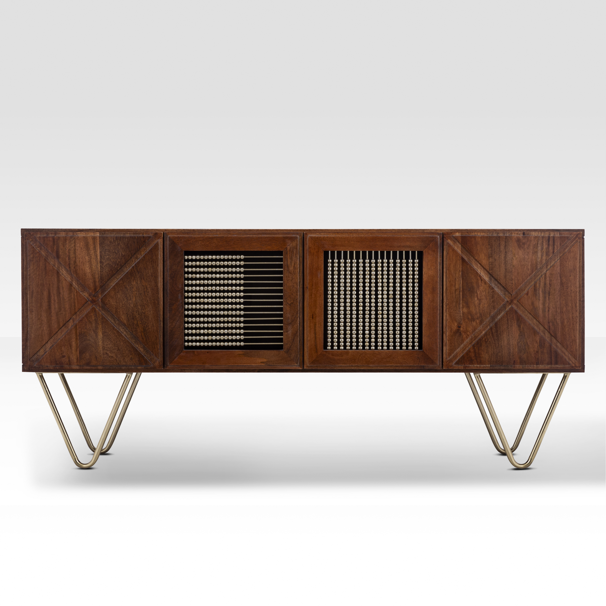 Full front view of the Aurelia Sideboard in a warm walnut finish, featuring symmetrical abacus-inspired beaded door panels and gold hairpin legs.