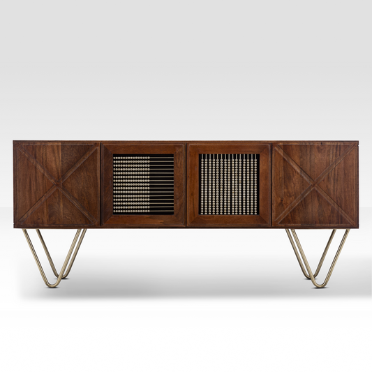 Full front view of the Aurelia Sideboard in a warm walnut finish, featuring symmetrical abacus-inspired beaded door panels and gold hairpin legs.