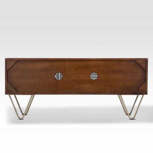 The fully finished walnut back panel of the Aurelia Sideboard, designed for versatile placement in open-concept spaces.