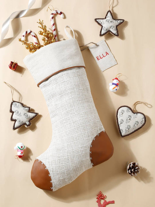 Linen & Vegan Leather Christmas Stocking