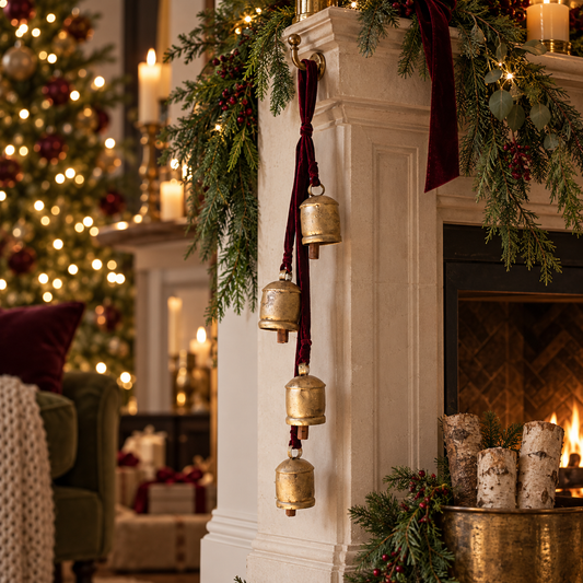 Bell Hanging Garland on Maroon Velvet Ribbon
