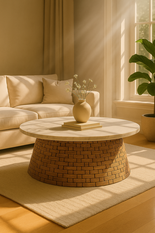 The Charme Coffee Table with a white marble top and woven water hyacinth base in a sun-drenched, Organic Modern living room with a boucle sofa and fiddle leaf tree.