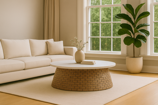 A close-up of the Charme Coffee Table under warm, golden-hour candlelight, highlighting the texture of the water hyacinth weave and the marble veining.