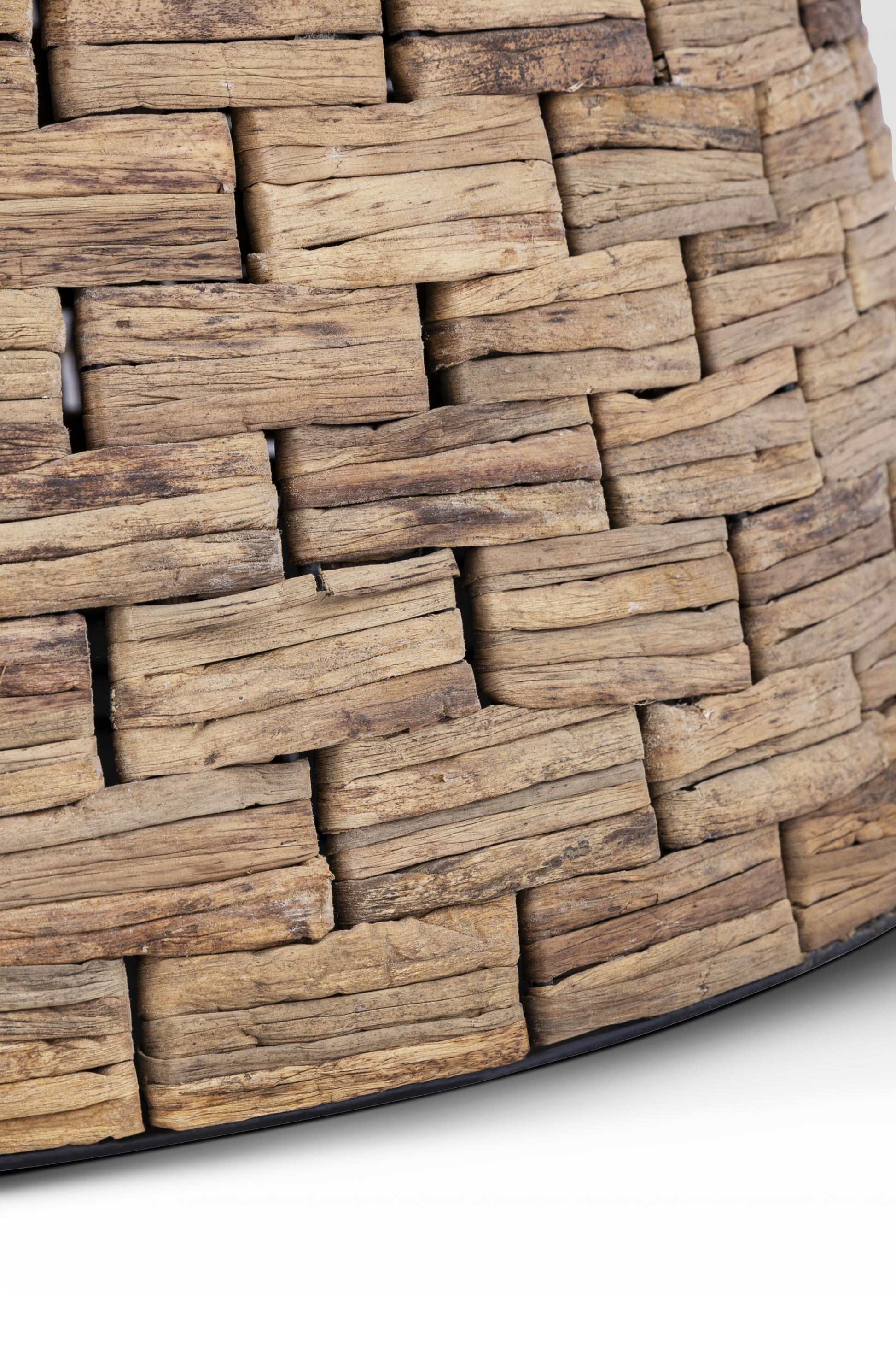 Macro close-up of the Charme Coffee Table base, showing the intricate, tightly woven natural water hyacinth fibers.