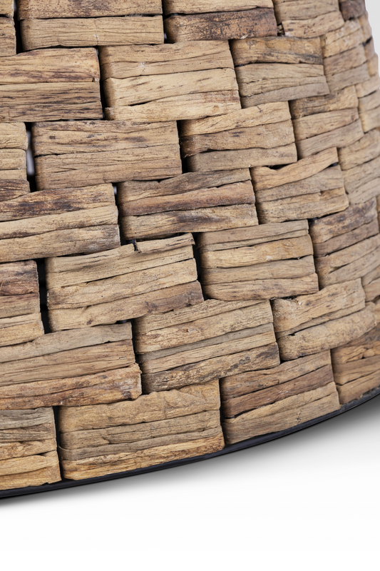 Macro close-up of the Charme Coffee Table base, showing the intricate, tightly woven natural water hyacinth fibers.