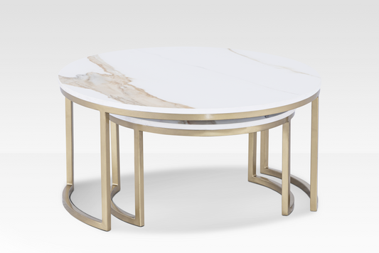 Front profile of the Concord nestled tables in gold, highlighting the substantial thickness of the solid natural marble and the space-saving design.