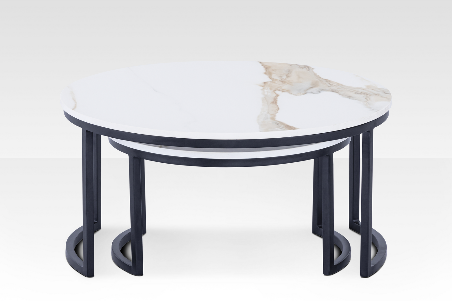 Front view of the black Concord nesting tables layered, showcasing the architectural C-base frame and the space-saving functionality.