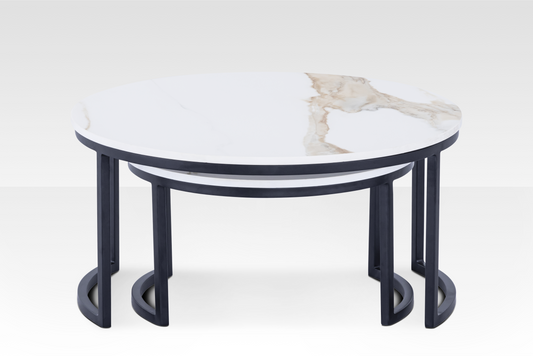 Front view of the black Concord nesting tables layered, showcasing the architectural C-base frame and the space-saving functionality.