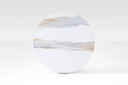 Macro close-up of the Concord table's edge, highlighting the authentic texture of the solid natural marble and the brushed gold metal frame.