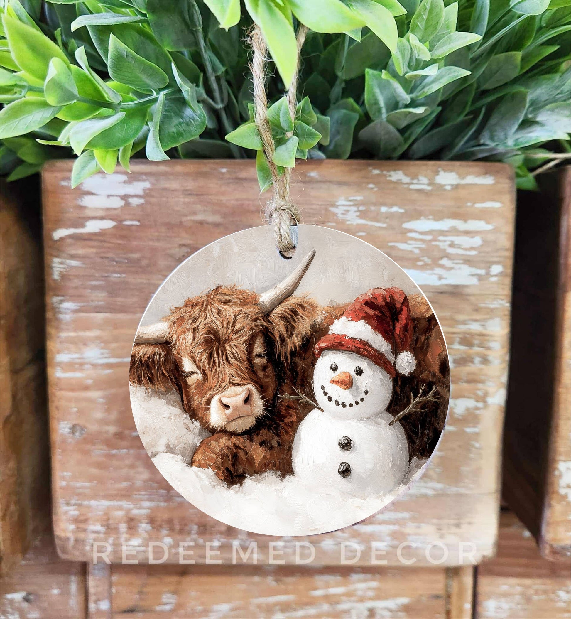 Highland Cow & Snowman Wood Ornament by Belle Aura