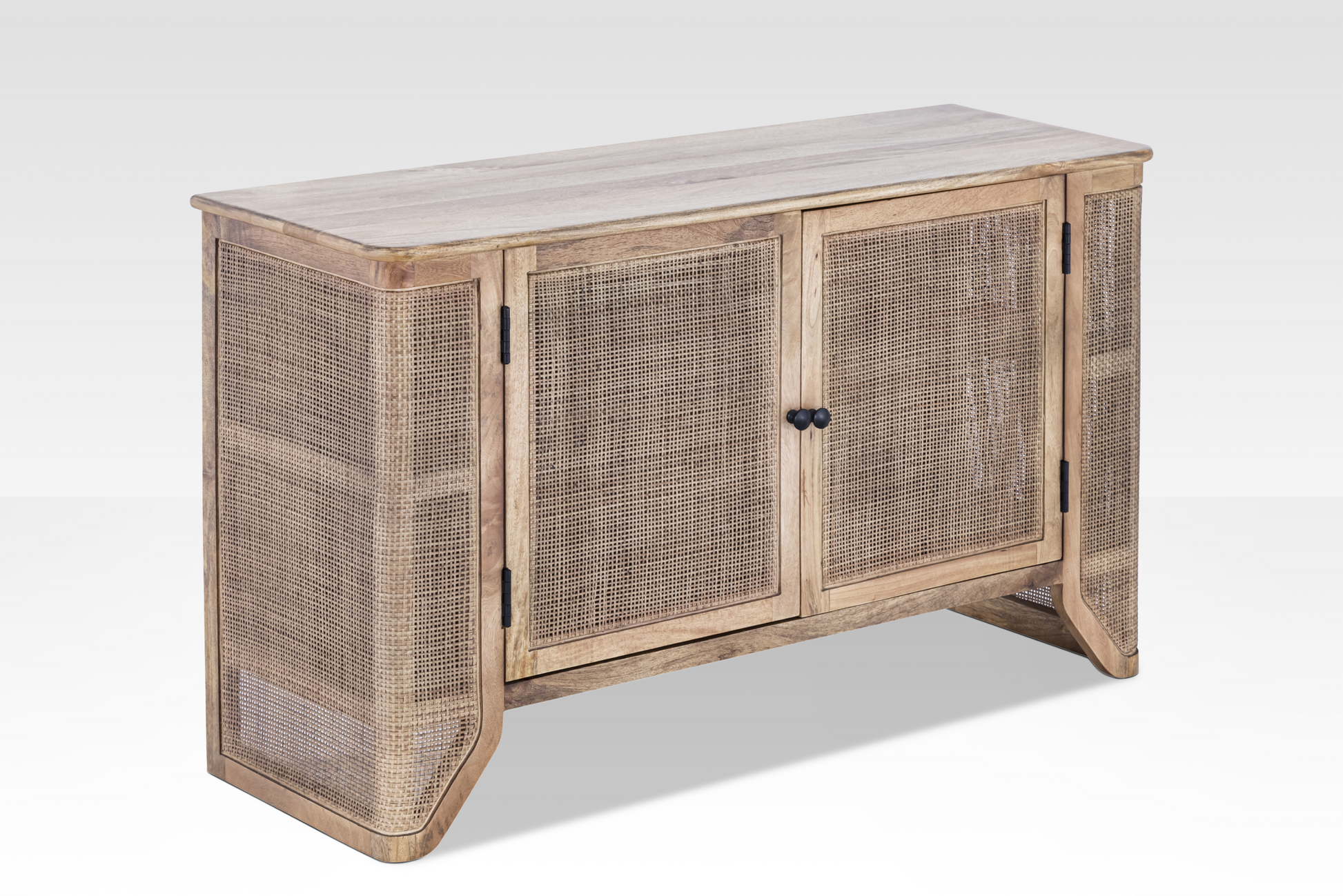 Angled perspective of the Filigree Sideboard highlighting the organic textures and elegant tapered wooden legs.