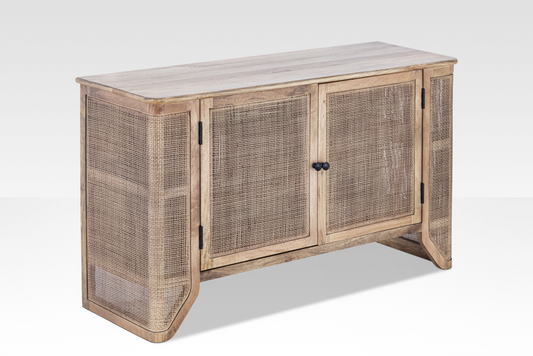 Angled perspective of the Filigree Sideboard highlighting the organic textures and elegant tapered wooden legs.