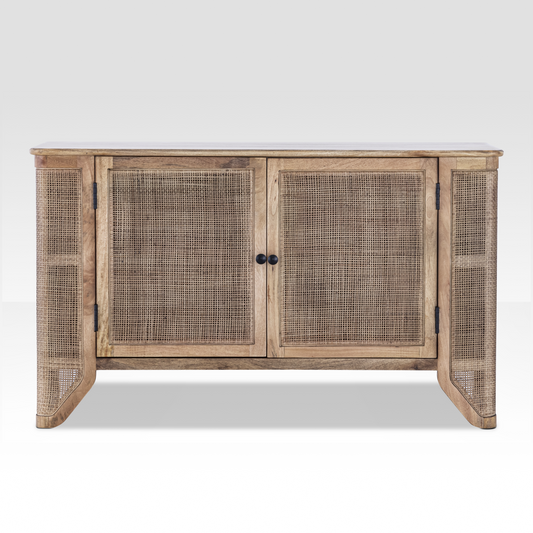 Full front view of the Filigree Sideboard handcrafted from light mango wood with natural hand-woven cane door panels.