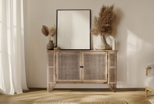 The Filigree Sideboard styled as an organic modern entryway console with pampas grass and neutral decor