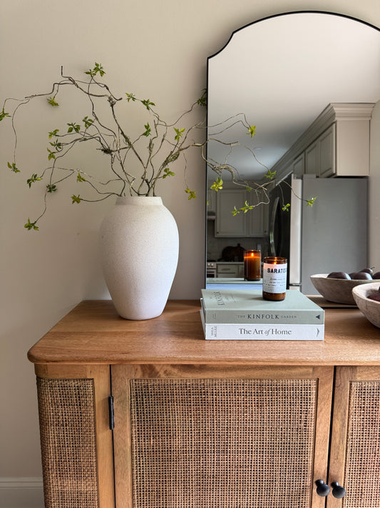 Close-up detail of the intricate hand-woven natural cane mesh and smooth mango wood frame on the Filigree Sideboard.