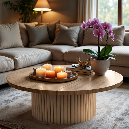 Close-up of the fluted Grove Coffee Table in a cozy, moody living room with candlelight, an orchid, and a gold statue.