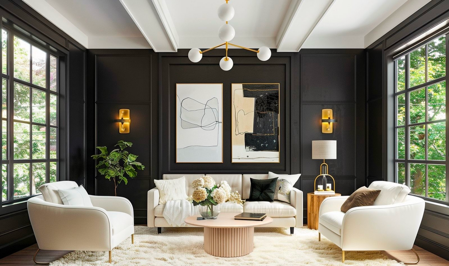 A minimalist Grove Coffee Table anchored in a high-contrast glam living room with black walls, white chairs, and gold accents.