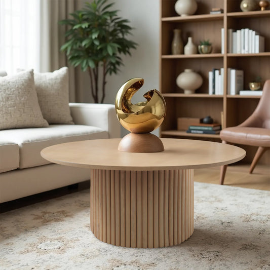 Side perspective of the Grove Coffee Table, emphasizing the substantial drum-style silhouette and minimalist aesthetic.