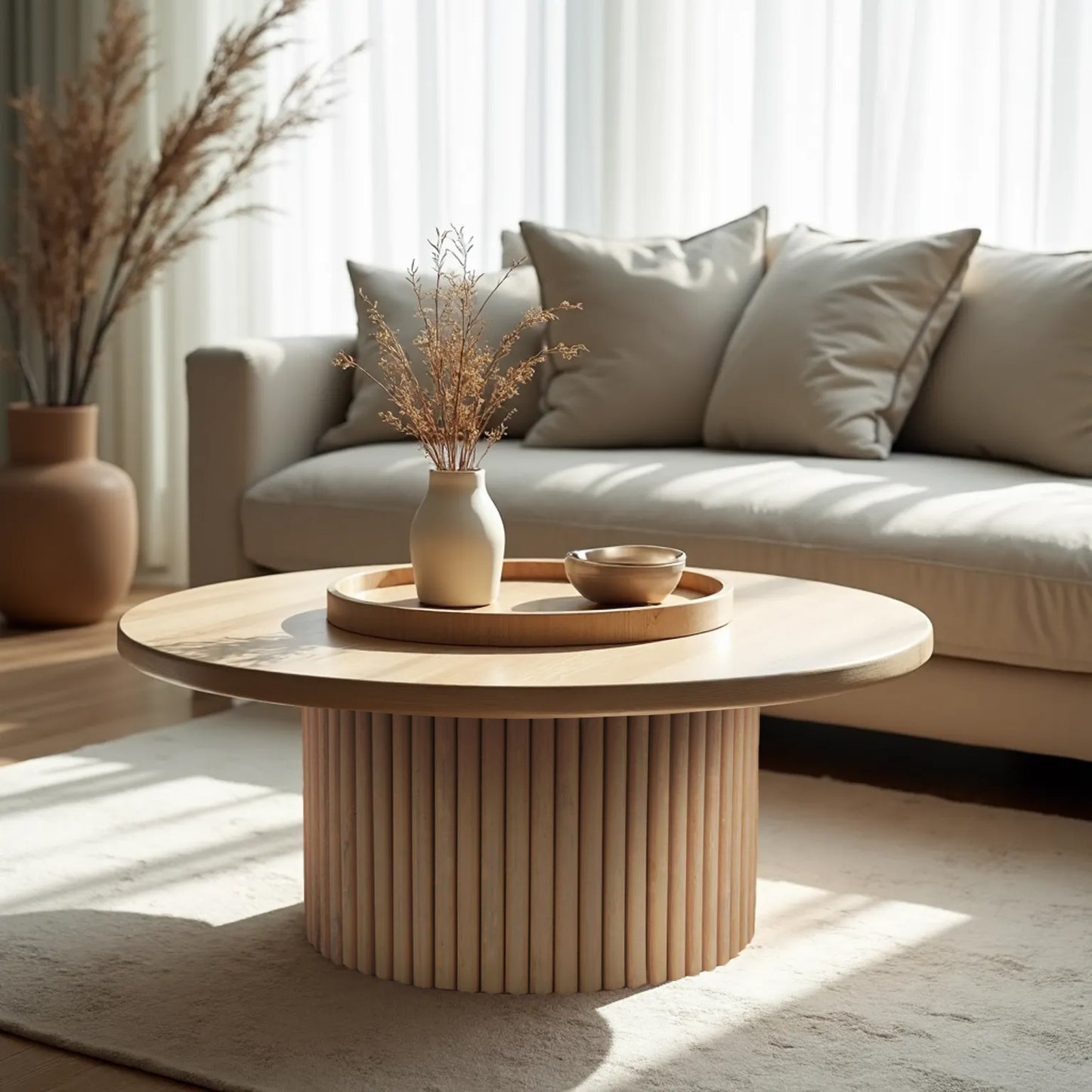 The natural wood Grove Coffee Table in a sunlit Japandi-style living room with a beige sofa, pampas grass, and organic textures.