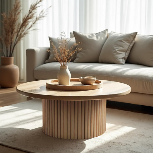 The natural wood Grove Coffee Table in a sunlit Japandi-style living room with a beige sofa, pampas grass, and organic textures.