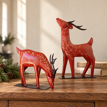 Hand-Painted Red Folk Art Metal Reindeer Statues – Set of 2