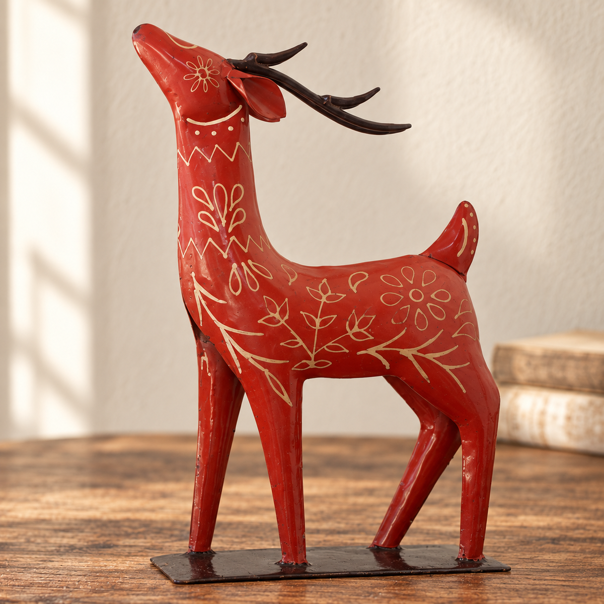 Hand-Painted Red Folk Art Metal Reindeer Statues – Set of 2