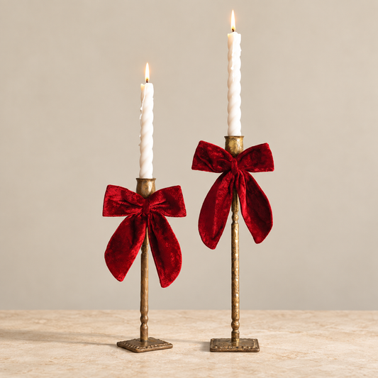 Taper Candle Holders with Crimson Velvet Bows Set of 2