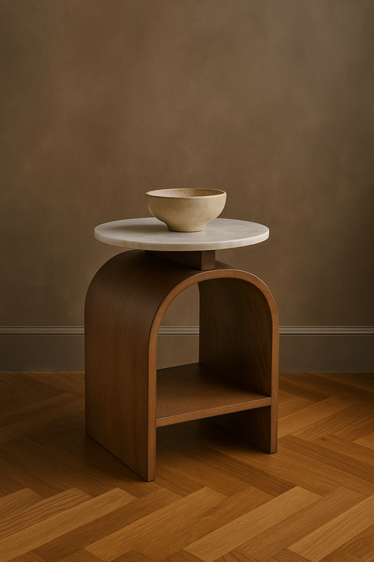 The sculptural Kromme End Table in a moody, minimalist setting with herringbone wood floors, highlighting the walnut grain and marble contrast.